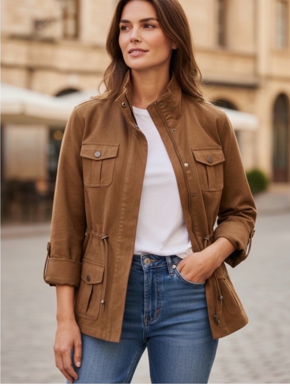 Chico's Camel Brown Utility Jacket with Drawcord Waist